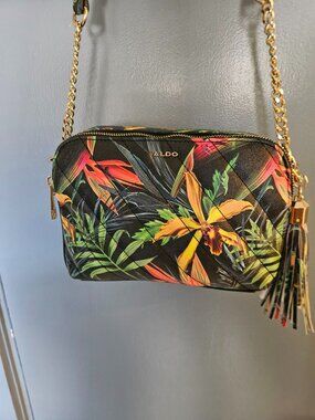 ALDO Tropical Floral Double Zip Crossbody Bag Gold Chain Tassel 10x6.5